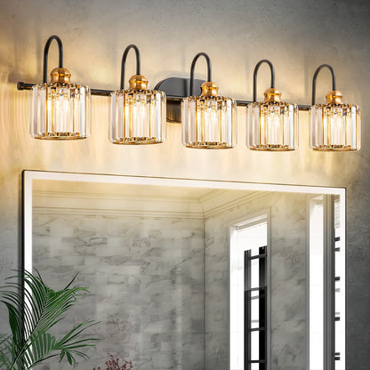 Lampada da bagno lineare a 5 luci, dimmerabile, con paralume in cristallo cilindrico, stile glamour.