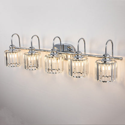 Lampada da bagno lineare a 5 luci, dimmerabile, con paralume in cristallo cilindrico, stile glamour.