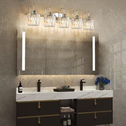Lampada da bagno lineare a 5 luci, dimmerabile, con paralume in cristallo cilindrico, stile glamour.