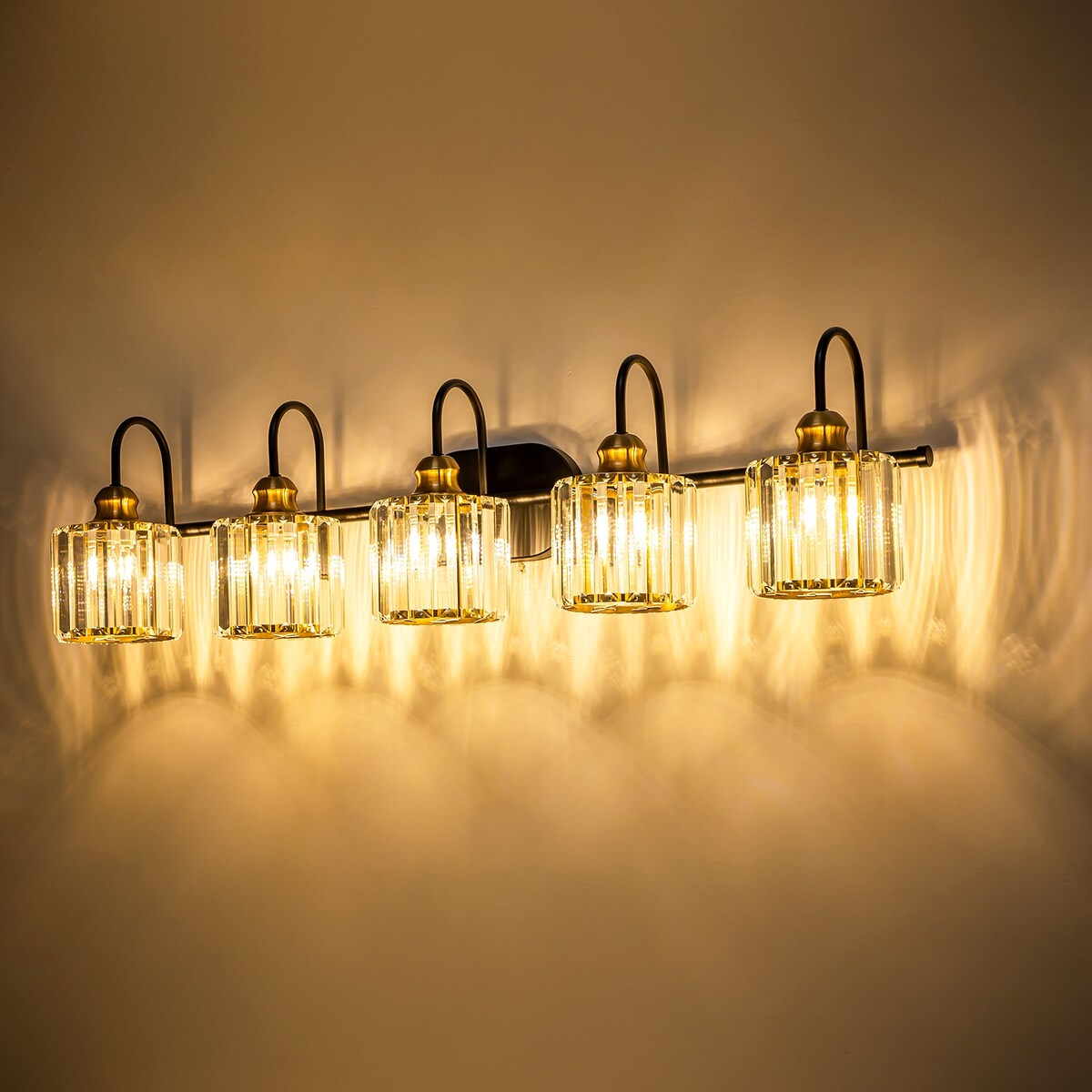 Lampada da bagno lineare a 5 luci, dimmerabile, con paralume in cristallo cilindrico, stile glamour.