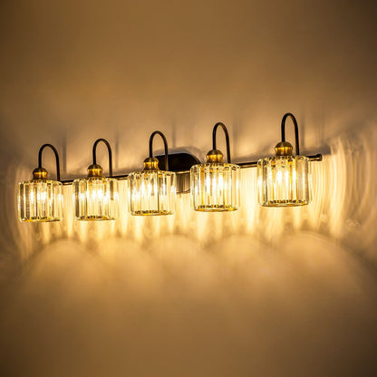 Lampada da bagno lineare a 5 luci, dimmerabile, con paralume in cristallo cilindrico, stile glamour.