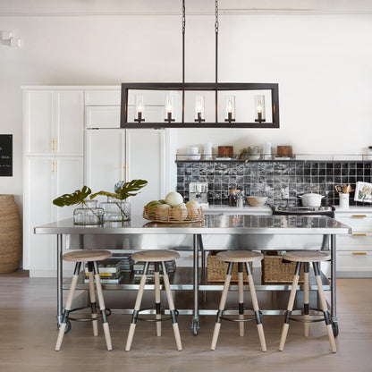 Lampadario lineare industriale moderno a 5 luci per sala da pranzo, stile farmhouse, con paralume cilindrico in vetro trasparente, adatto anche per illuminazione di isole cucina.