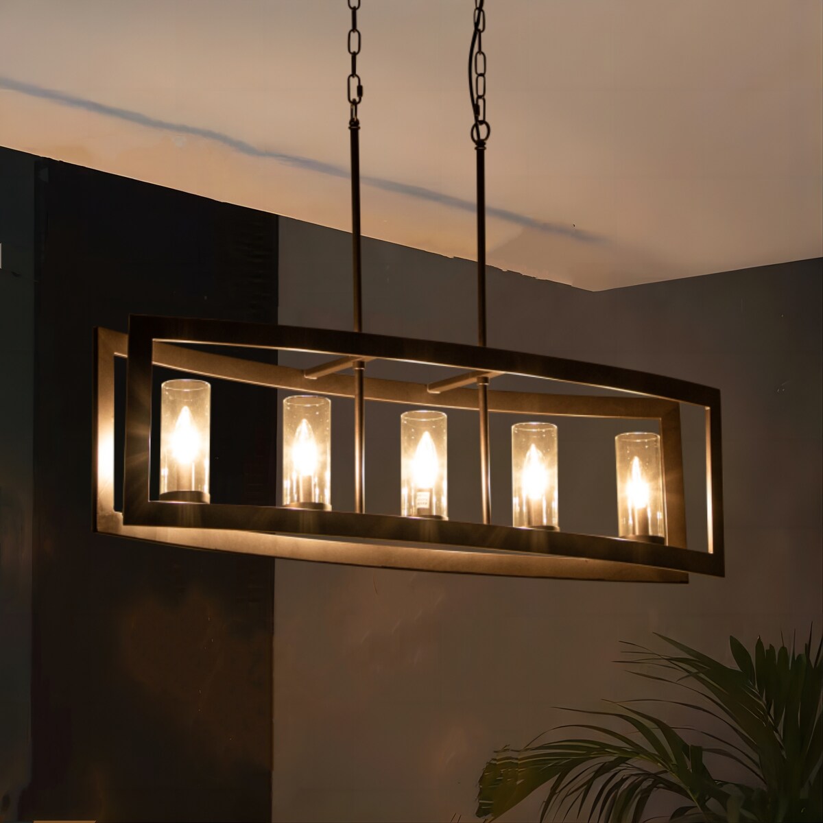 Lampada a sospensione rettangolare vintage in vetro, stile industriale moderno di metà secolo, con 5 luci, ideale per isole cucina.