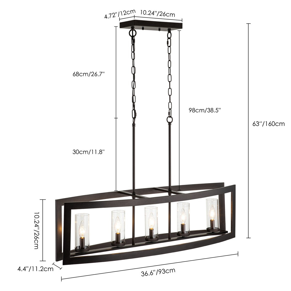 Lampada a sospensione rettangolare vintage in vetro, stile industriale moderno di metà secolo, con 5 luci, ideale per isole cucina.
