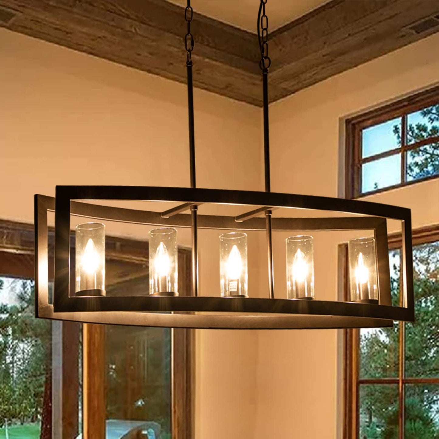 Lampadario lineare industriale moderno a 5 luci per sala da pranzo, stile farmhouse, con paralume cilindrico in vetro trasparente, adatto anche per illuminazione di isole cucina.