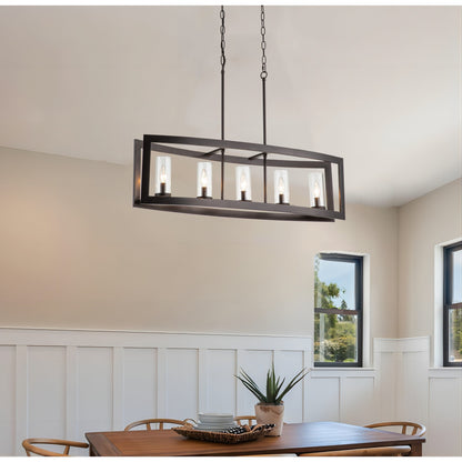 Lampadario lineare industriale moderno a 5 luci per sala da pranzo, stile farmhouse, con paralume cilindrico in vetro trasparente, adatto anche per illuminazione di isole cucina.
