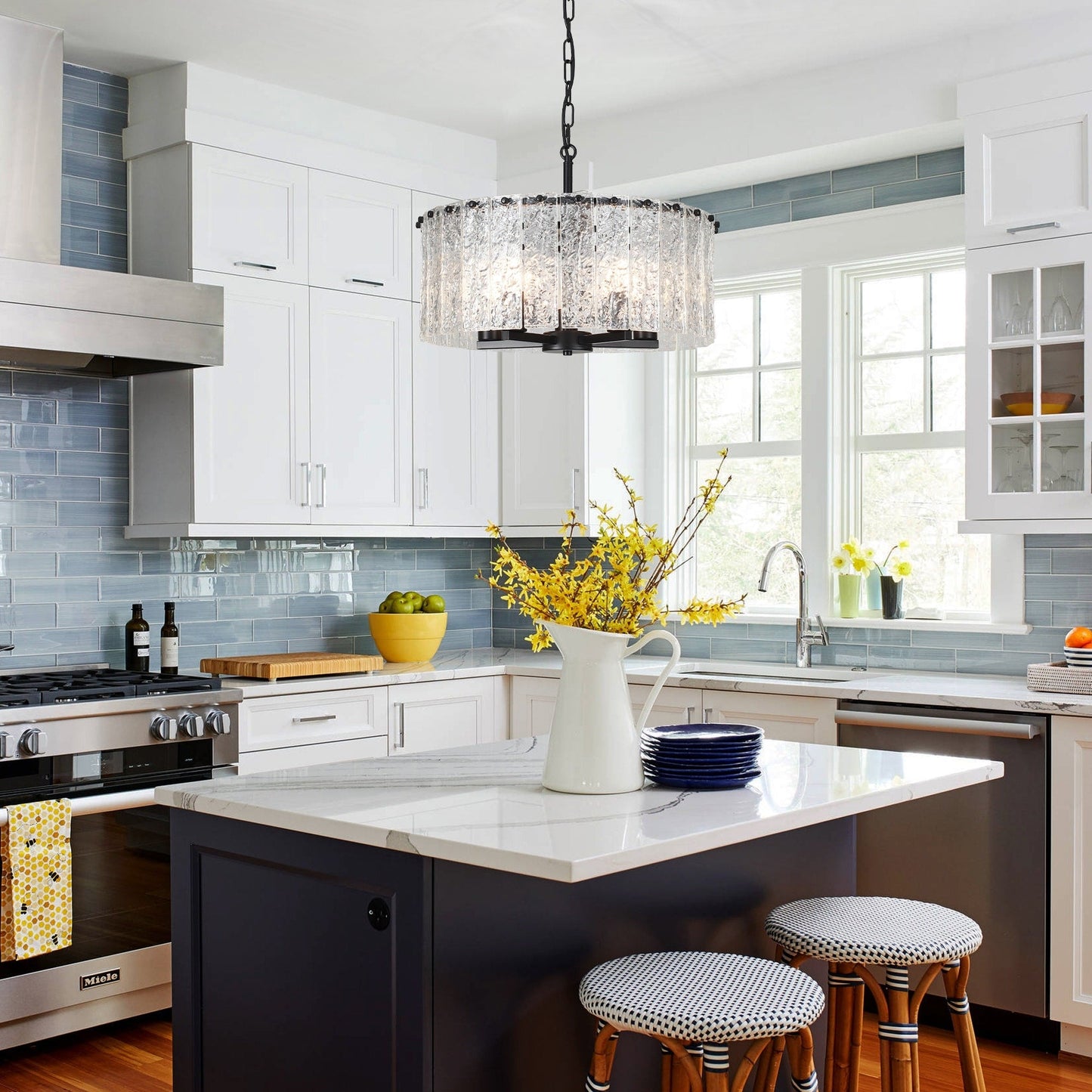 Lampada a sospensione a forma di tamburo rotonda moderna a 5 luci, lampada a soffitto semi-a incasso classica, lampada a sospensione per isola cucina e sala da pranzo