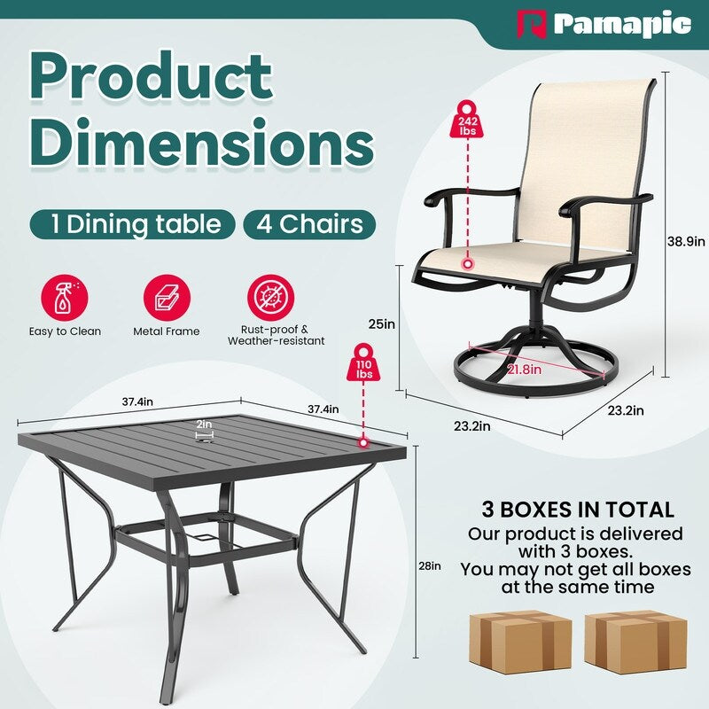 Set da pranzo da esterno in metallo da 5 pezzi con tavolo quadrato e sedie girevoli in Textilene