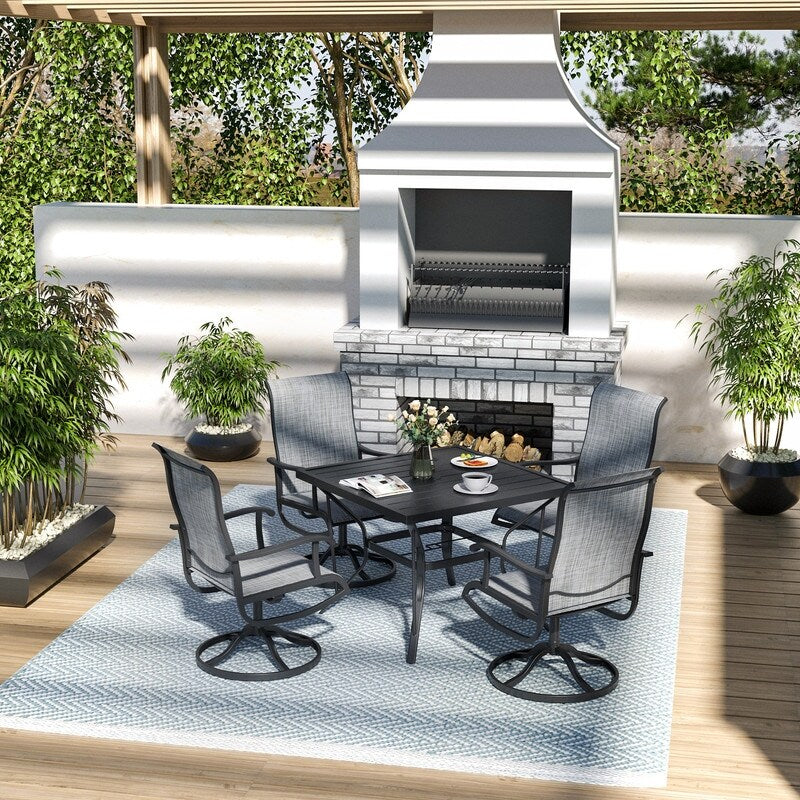 Set da pranzo da esterno in metallo da 5 pezzi con tavolo quadrato e sedie girevoli in Textilene