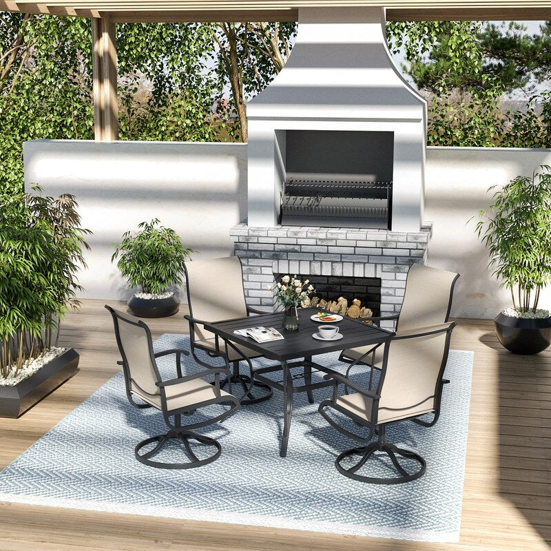 Set da pranzo da esterno in metallo da 5 pezzi con tavolo quadrato e sedie girevoli in Textilene