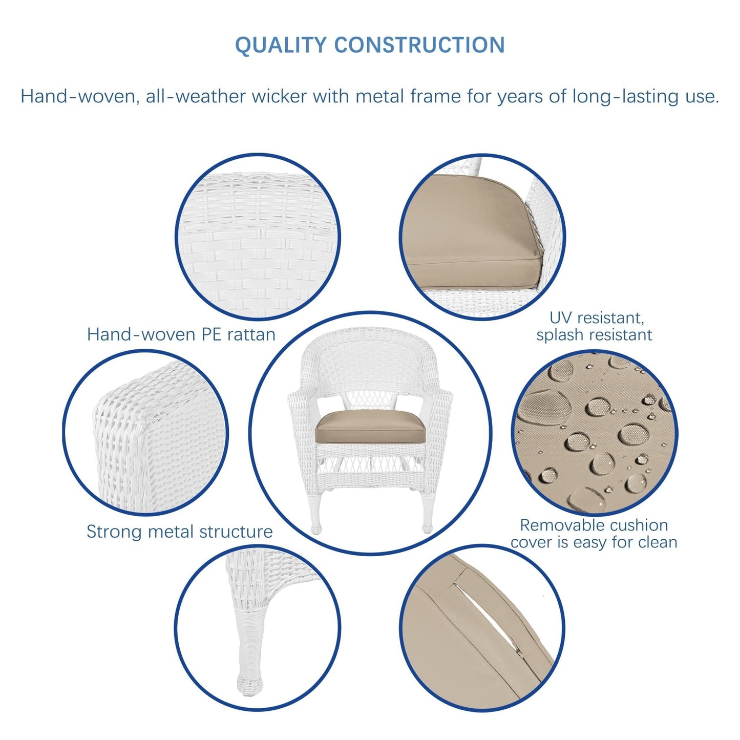 Set da pranzo in vimini intrecciato bianco, 5 pezzi