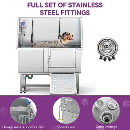 Vasca per toelettatura regolabile per animali domestici in acciaio inossidabile da 127 cm (50 pollici) con rampa - Argento