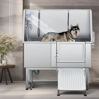 Vasca per toelettatura regolabile per animali domestici in acciaio inossidabile da 127 cm (50 pollici) con rampa - Argento