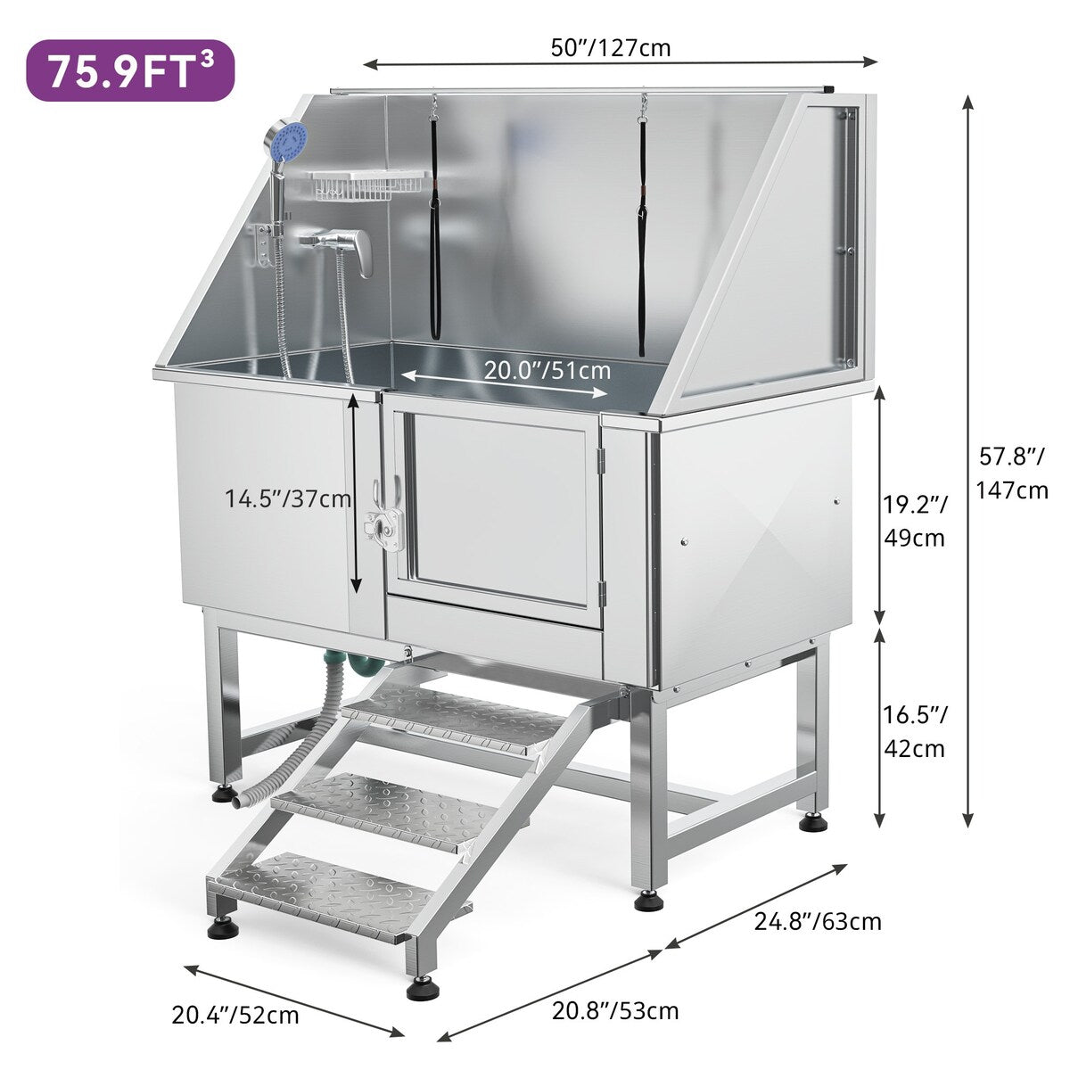 Vasca per la toelettatura di animali domestici regolabile in acciaio inossidabile da 50'' di larghezza con scaletta e rampa.