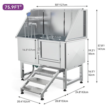 Vasca per la toelettatura di animali domestici regolabile in acciaio inossidabile da 50'' di larghezza con scaletta e rampa.