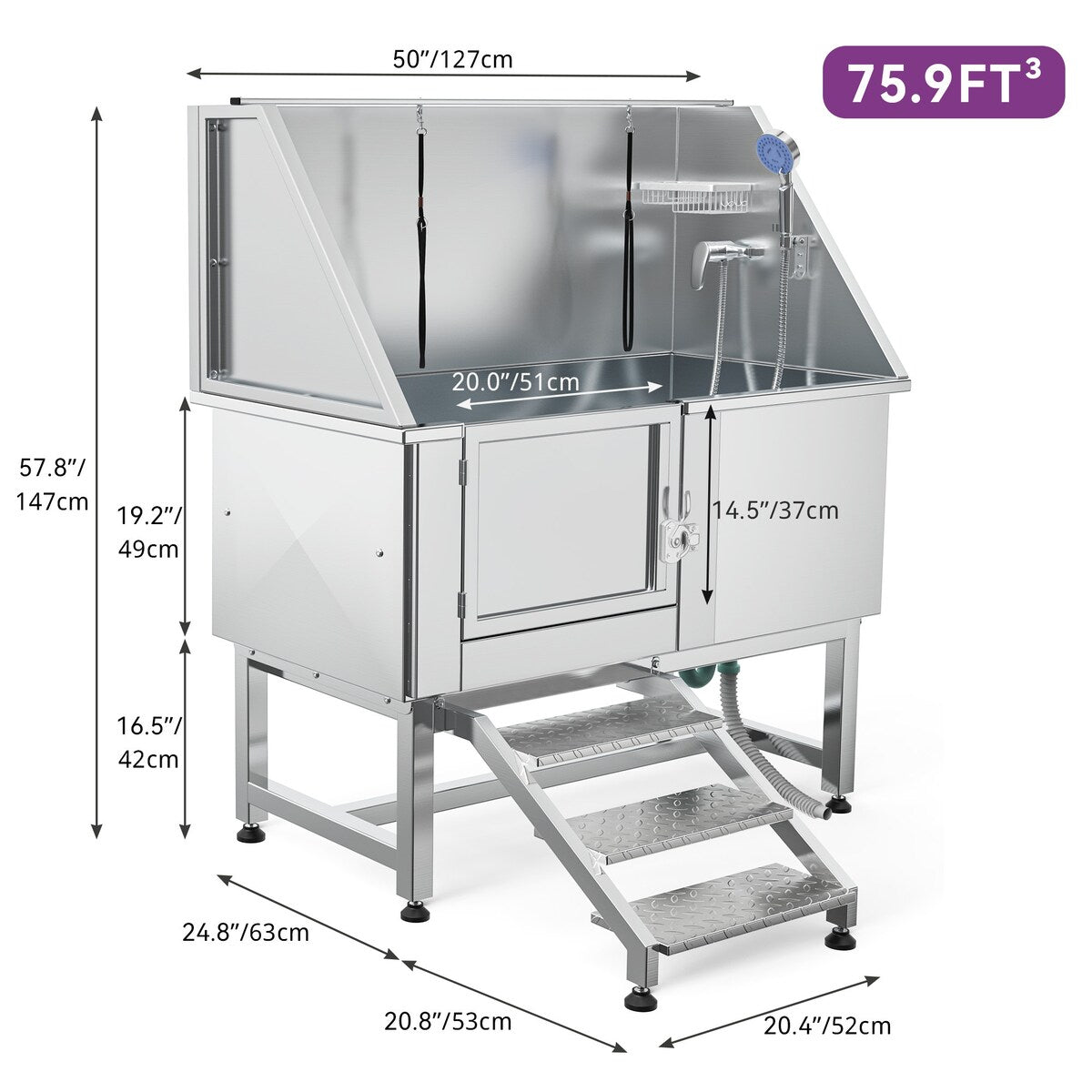Vasca per la toelettatura di animali domestici regolabile in acciaio inossidabile da 50'' di larghezza con scaletta e rampa.