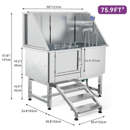 Vasca per la toelettatura di animali domestici regolabile in acciaio inossidabile da 50'' di larghezza con scaletta e rampa.