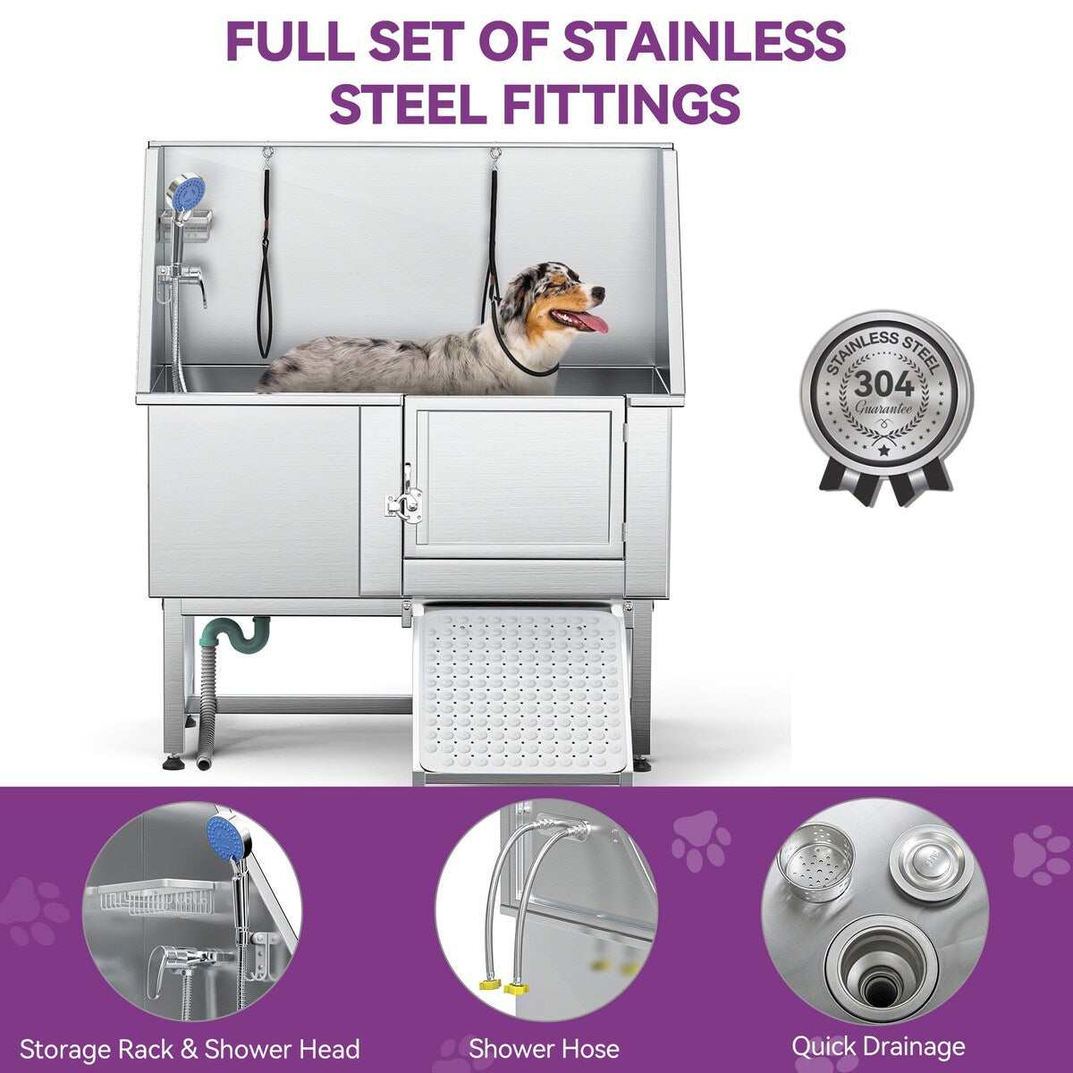 Vasca per la toelettatura di animali domestici regolabile in acciaio inossidabile da 50'' di larghezza con scaletta e rampa.