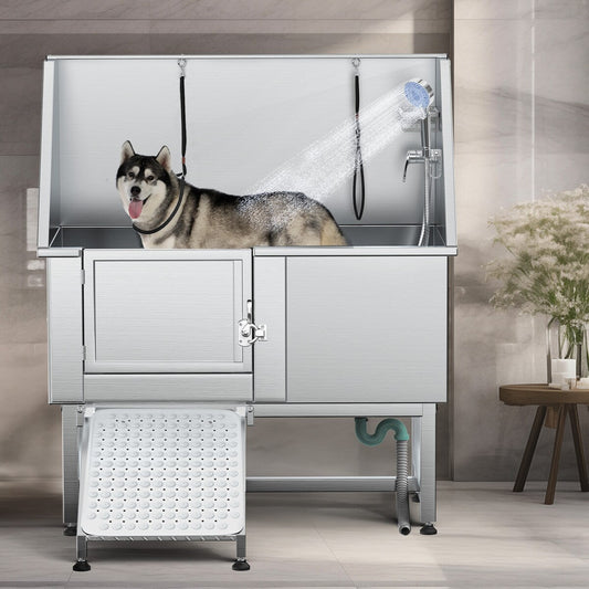 Vasca per la toelettatura di animali domestici regolabile in acciaio inossidabile da 50'' di larghezza con scaletta e rampa.