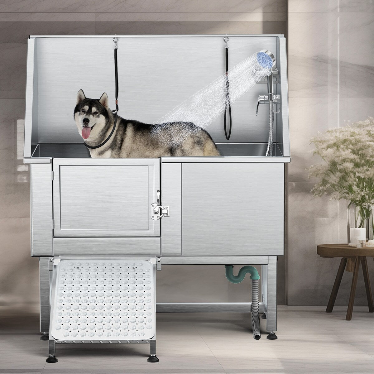 Vasca per la toelettatura di animali domestici regolabile in acciaio inossidabile da 50'' di larghezza con scaletta e rampa.
