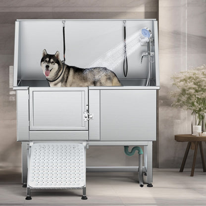 Vasca per la toelettatura di animali domestici regolabile in acciaio inossidabile da 50'' di larghezza con scaletta e rampa.