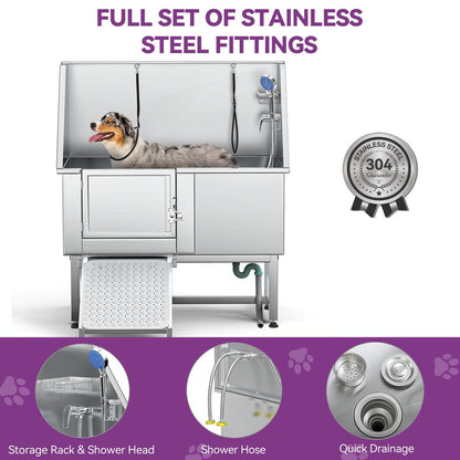Vasca per la toelettatura di animali domestici regolabile in acciaio inossidabile da 50'' di larghezza con scaletta e rampa.