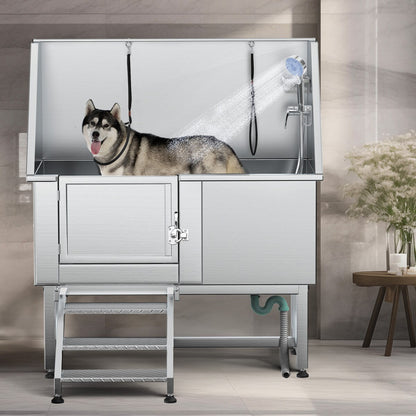 Vasca per la toelettatura di animali domestici regolabile in acciaio inossidabile da 50'' di larghezza con scaletta e rampa.