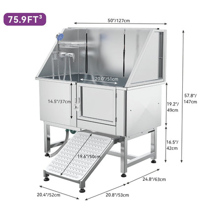 Vasca per la toelettatura di animali domestici regolabile in acciaio inossidabile da 50'' di larghezza con scaletta e rampa.