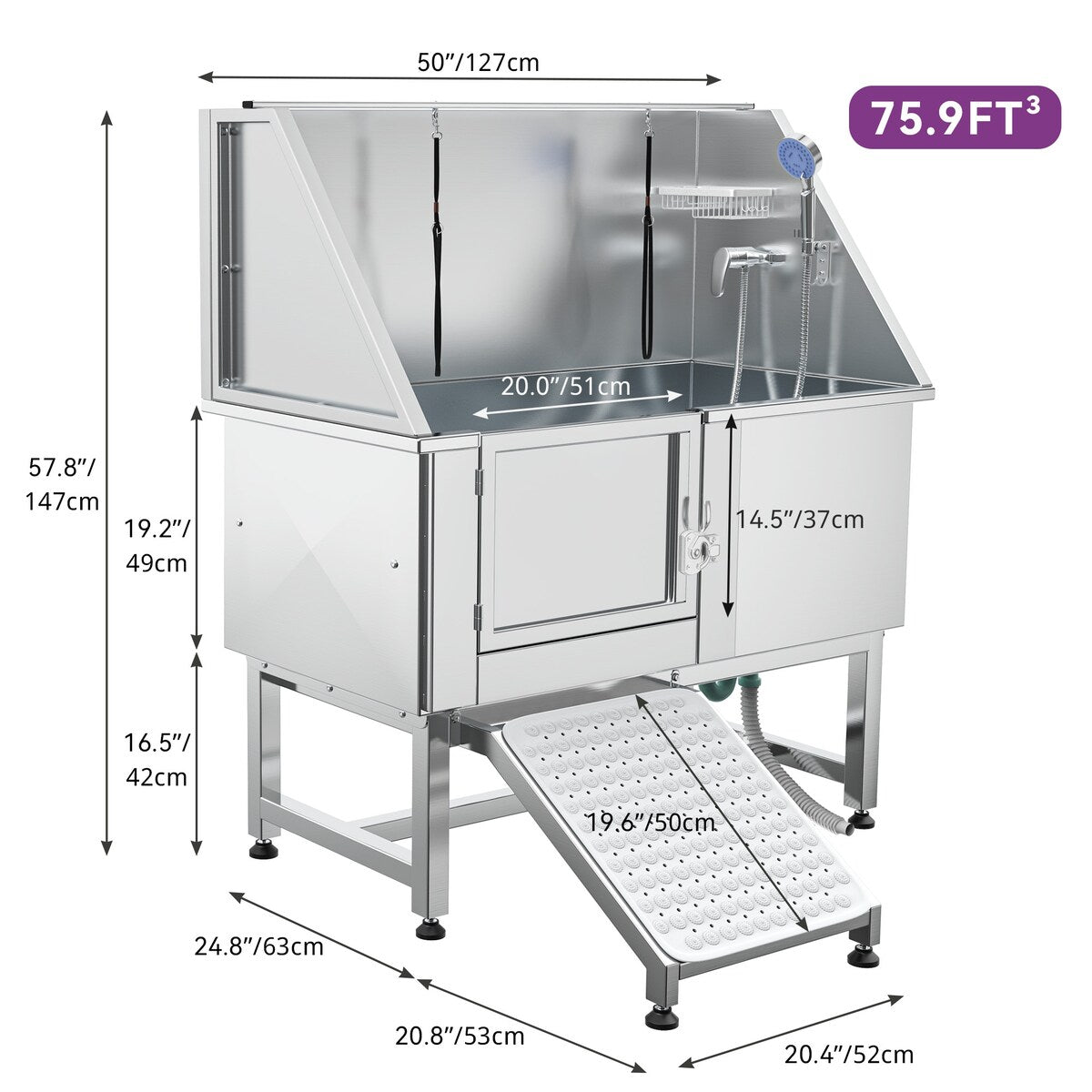 Vasca per la toelettatura di animali domestici regolabile in acciaio inossidabile da 50'' di larghezza con scaletta e rampa.