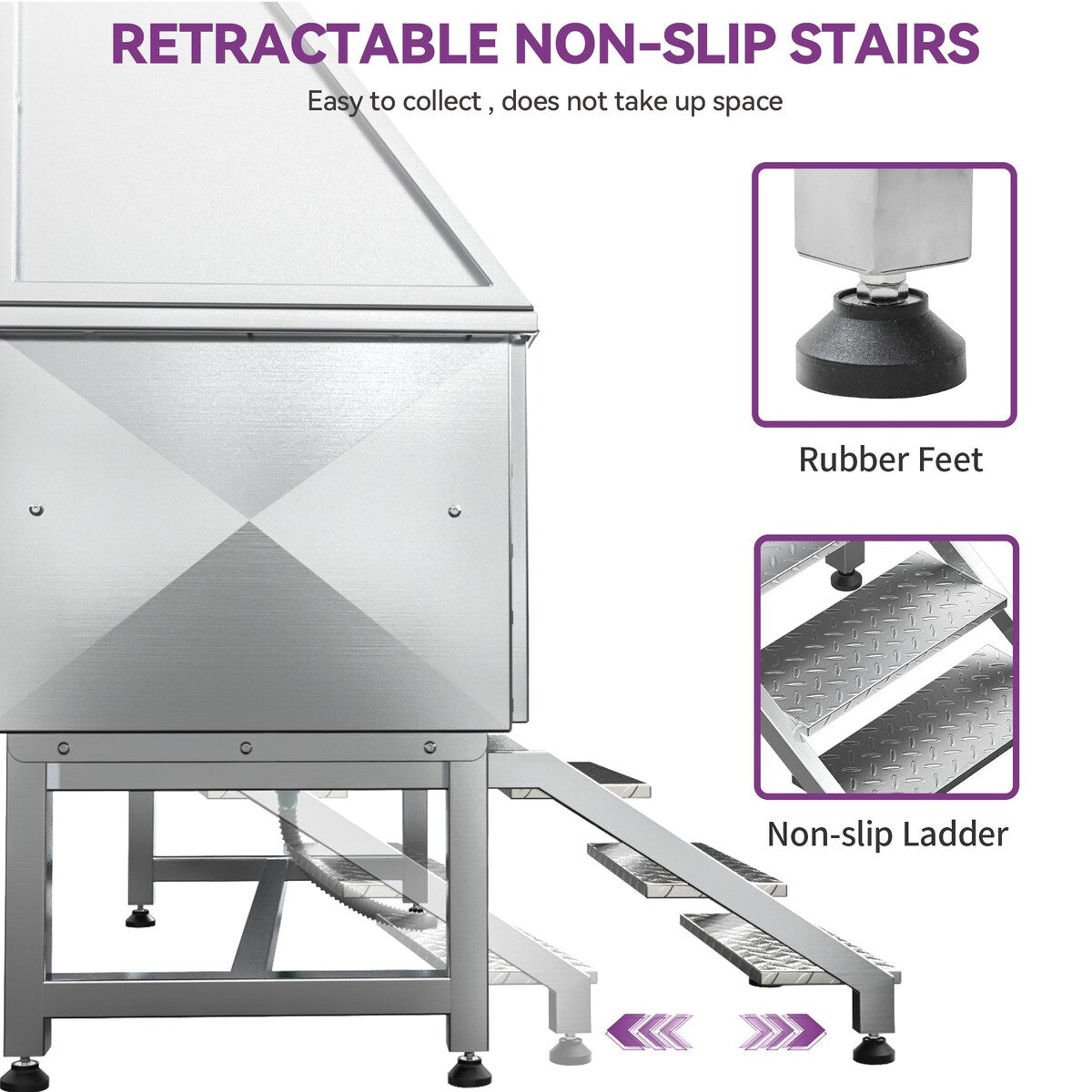 Vasca per la toelettatura di animali domestici regolabile in acciaio inossidabile da 50'' di larghezza con scaletta e rampa.