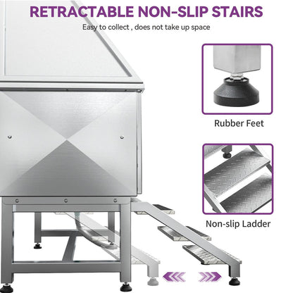 Vasca per la toelettatura di animali domestici regolabile in acciaio inossidabile da 50'' di larghezza con scaletta e rampa.