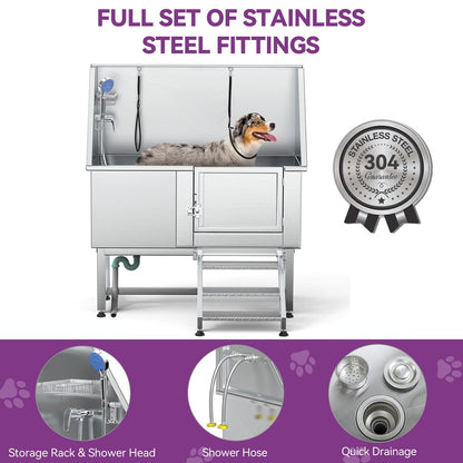 Vasca per la toelettatura di animali domestici regolabile in acciaio inossidabile da 50'' di larghezza con scaletta e rampa.