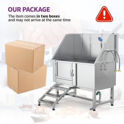 Vasca per la toelettatura di animali domestici regolabile in acciaio inossidabile da 50'' di larghezza con scaletta e rampa.