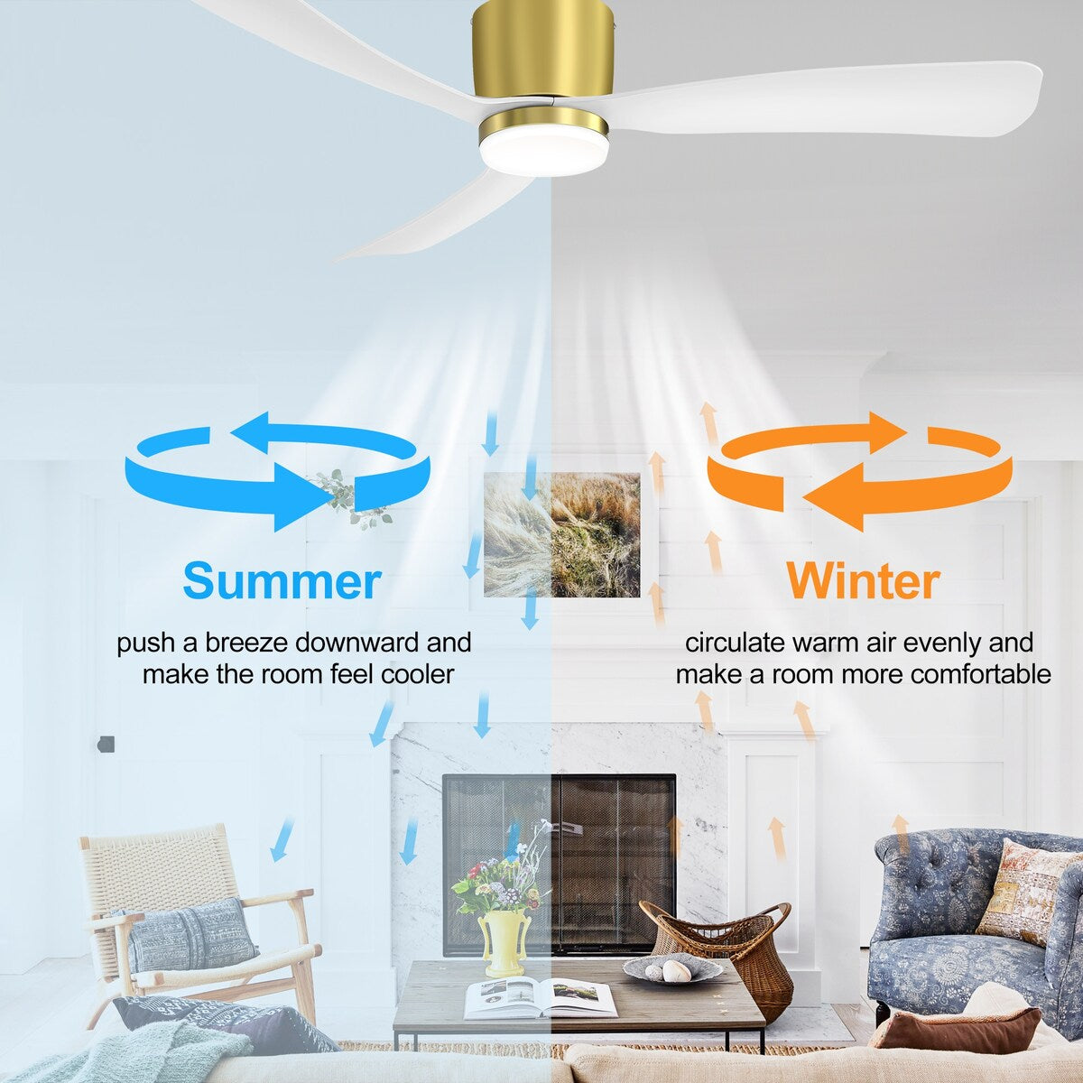 Ventilatore da soffitto a LED a soffitto a scomparsa da 52 pollici, nero/bianco, con luci e telecomando (3 pale)