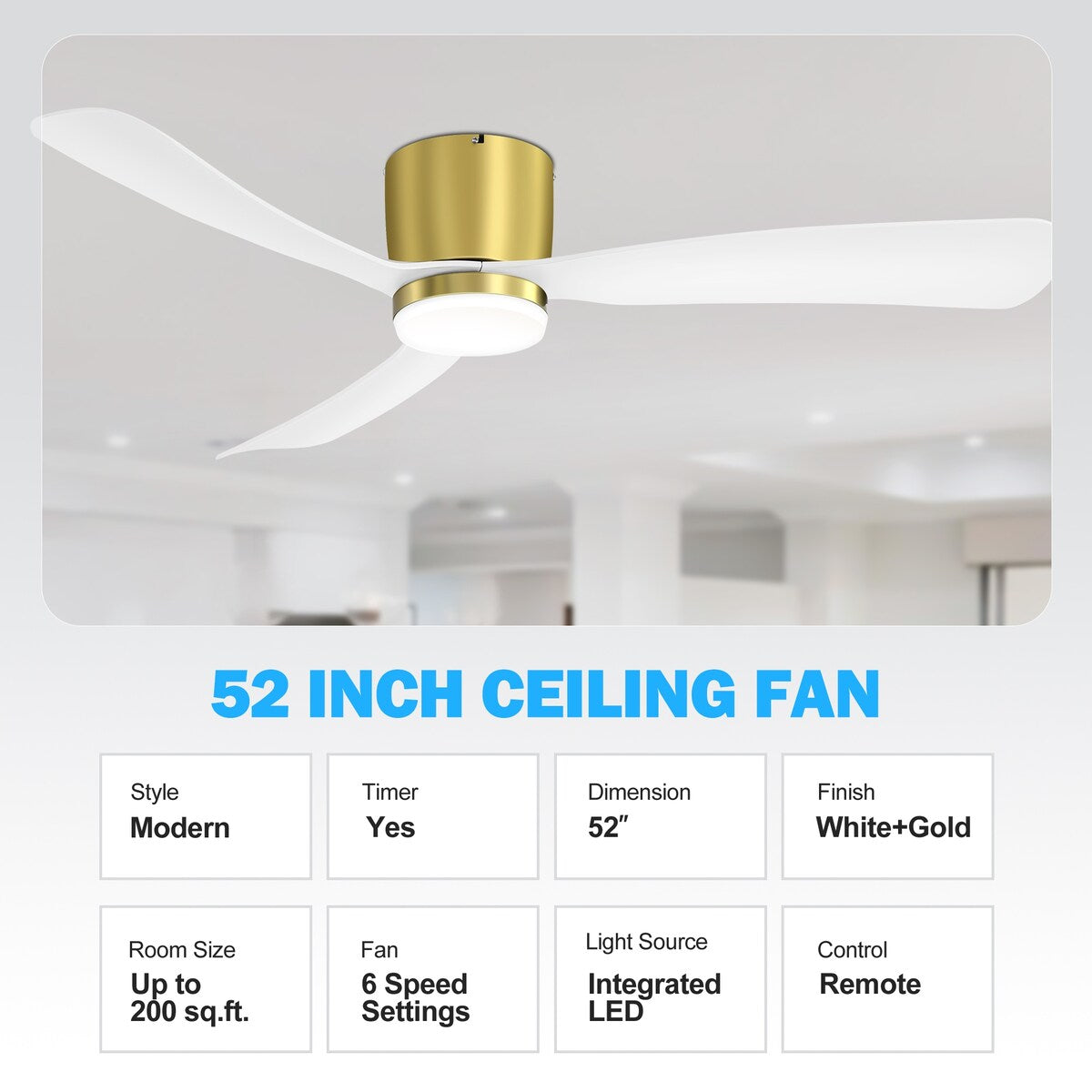 Ventilatore da soffitto a LED a soffitto a scomparsa da 52 pollici, nero/bianco, con luci e telecomando (3 pale)