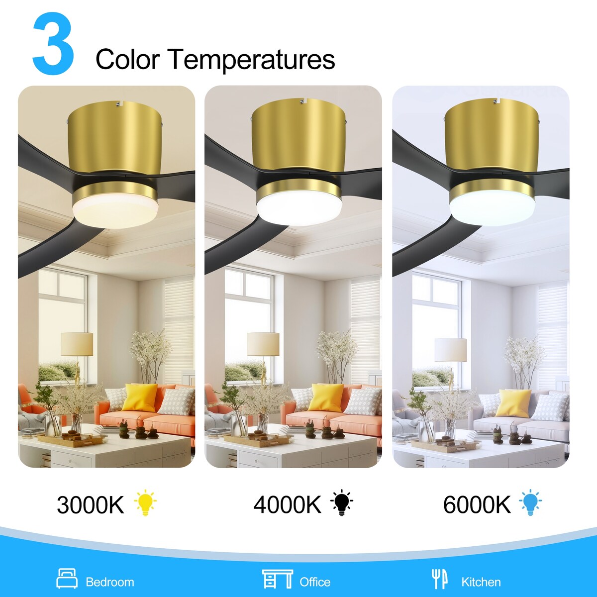 Ventilatore da soffitto a LED a soffitto a scomparsa da 52 pollici, nero/bianco, con luci e telecomando (3 pale)