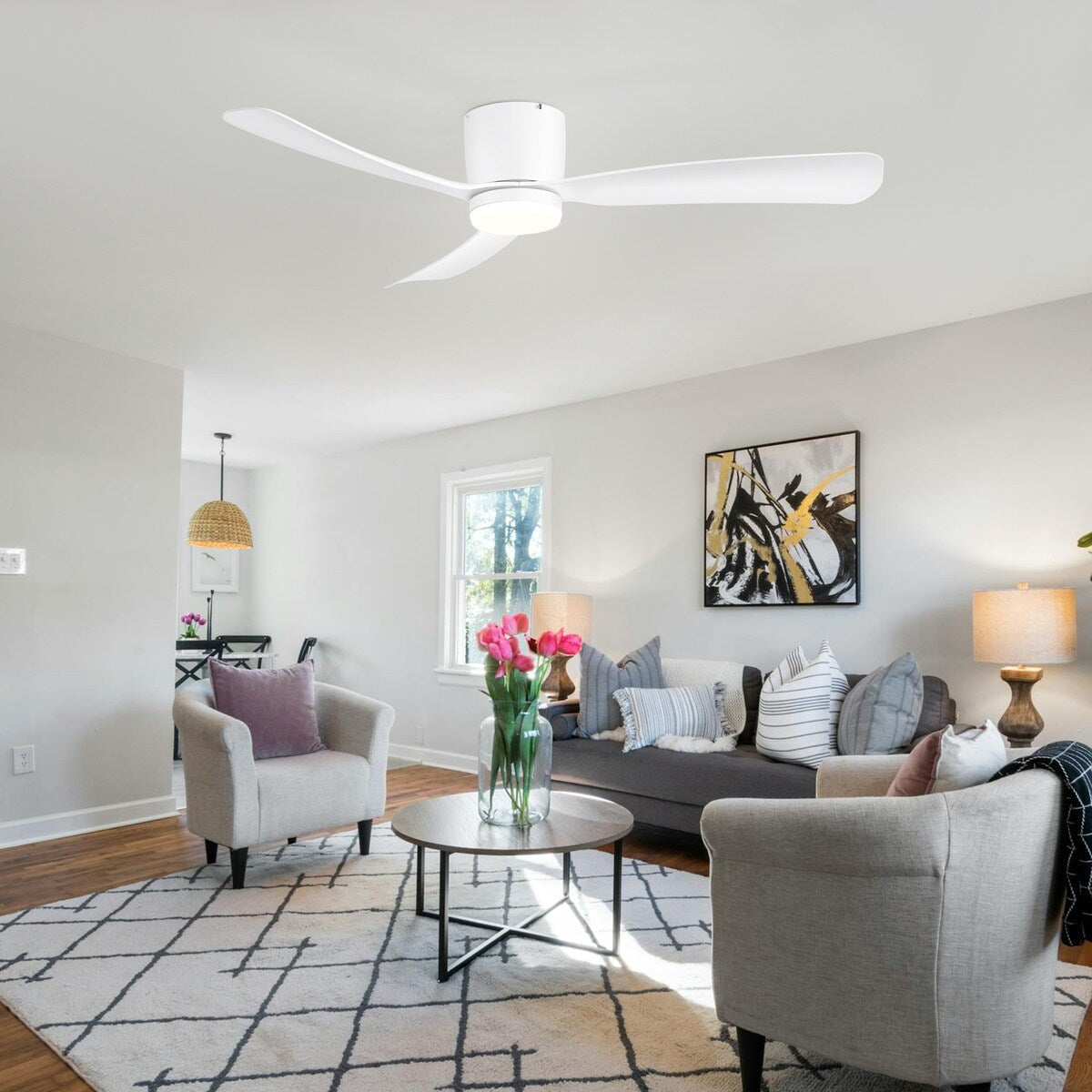 Ventilatore da soffitto a LED a soffitto a scomparsa da 52 pollici, nero/bianco, con luci e telecomando (3 pale)