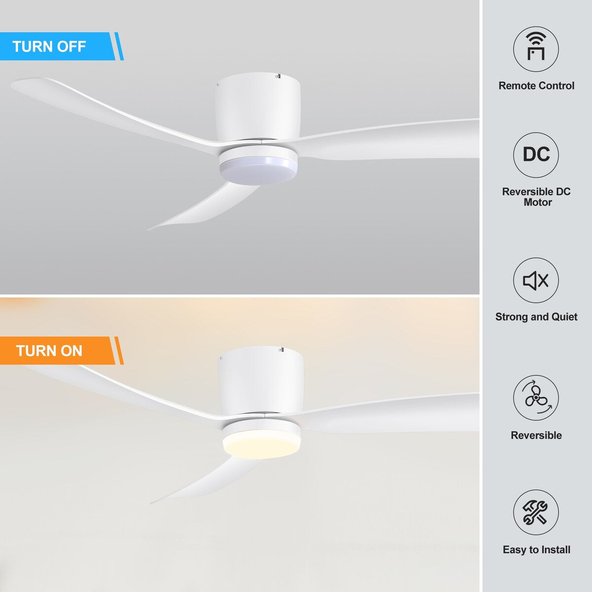 Ventilatore da soffitto a LED a soffitto a scomparsa da 52 pollici, nero/bianco, con luci e telecomando (3 pale)