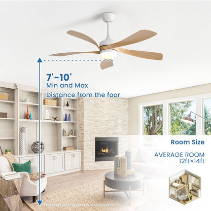 Ventilatore a soffitto da 52 pollici con telecomando e luci, motore DC silenzioso, 5 pale, elevato CFM, design moderno.