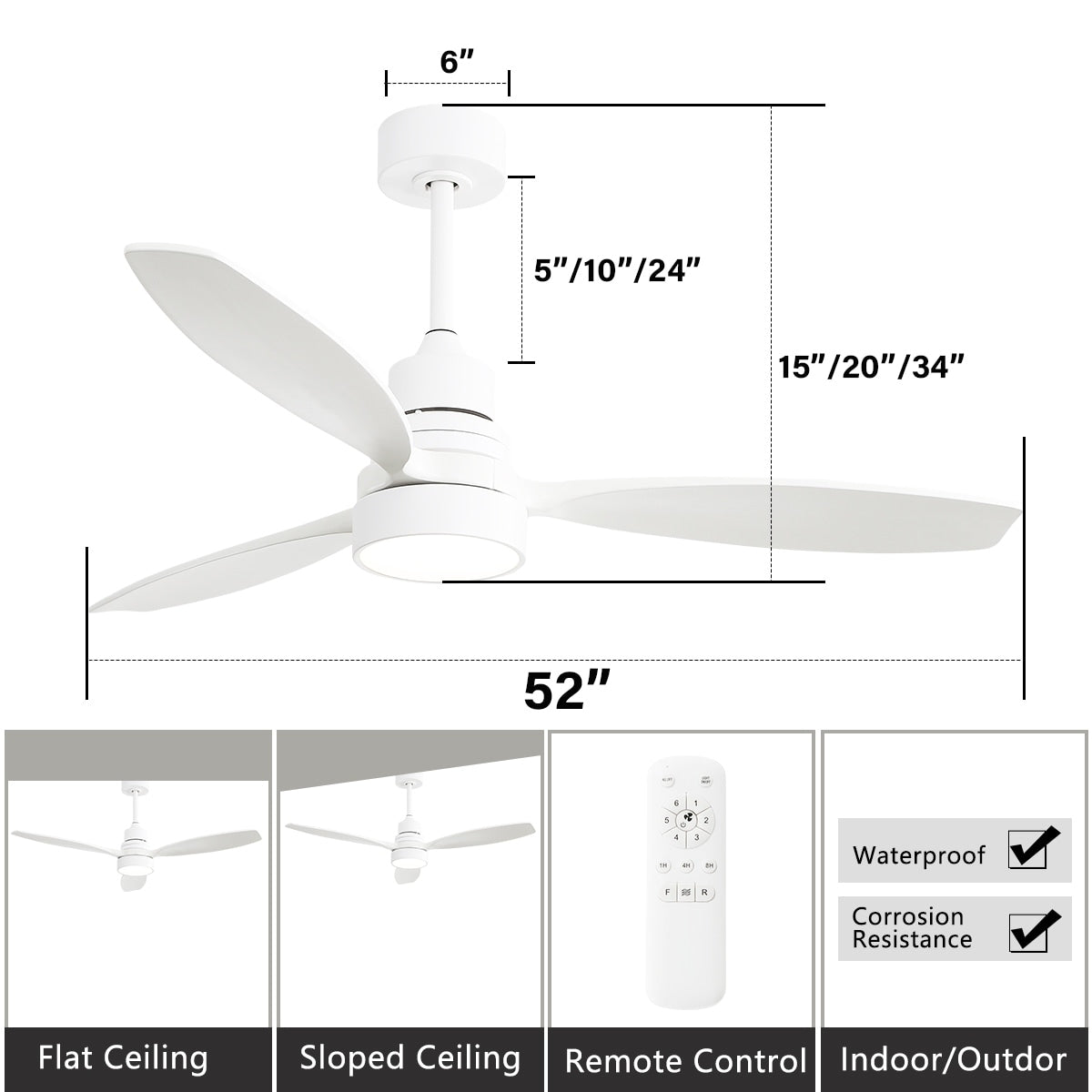 Ventilatore da soffitto a LED integrato da 48 e 52 pollici con luce e telecomando, motore DC reversibile