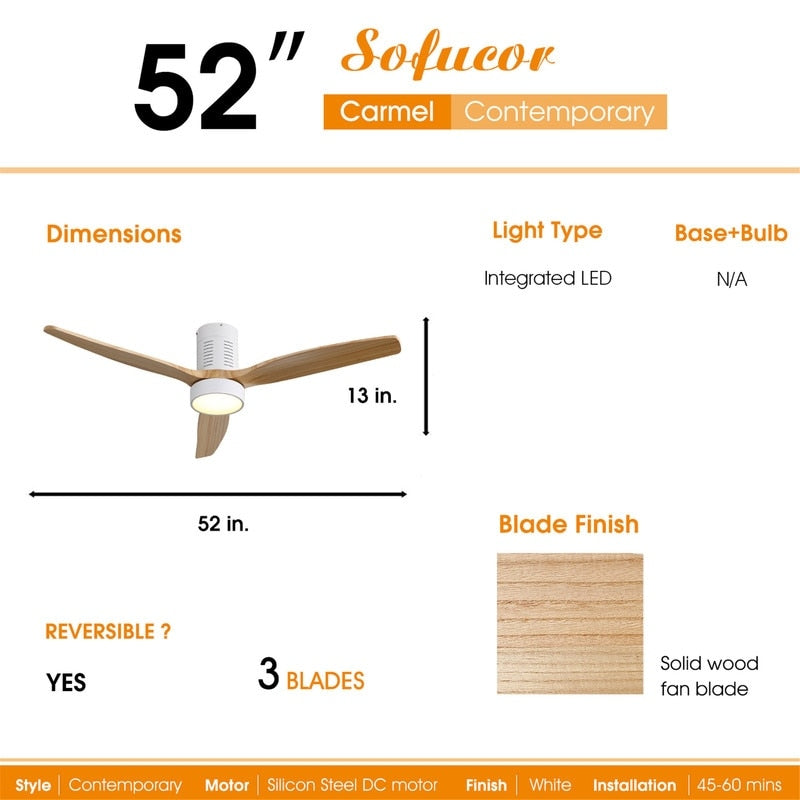 Ventilatore da soffitto a soffitto a scomparsa da 52 pollici in stile farmhouse con luce e telecomando, motore DC reversibile.