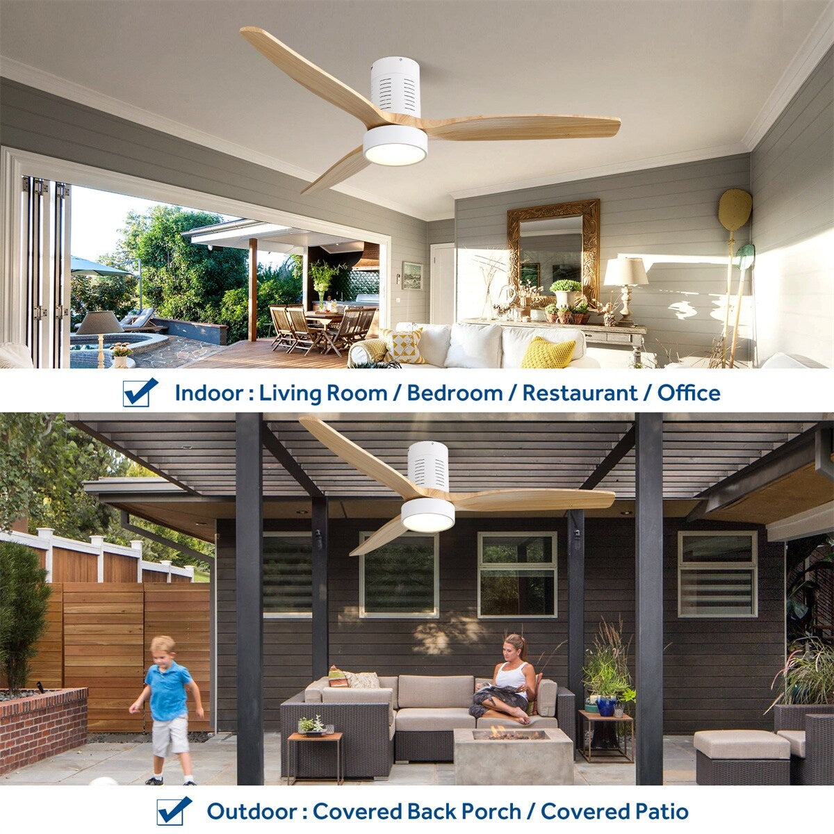 Ventilatore da soffitto a soffitto a scomparsa da 52 pollici in stile farmhouse con luce e telecomando, motore DC reversibile.