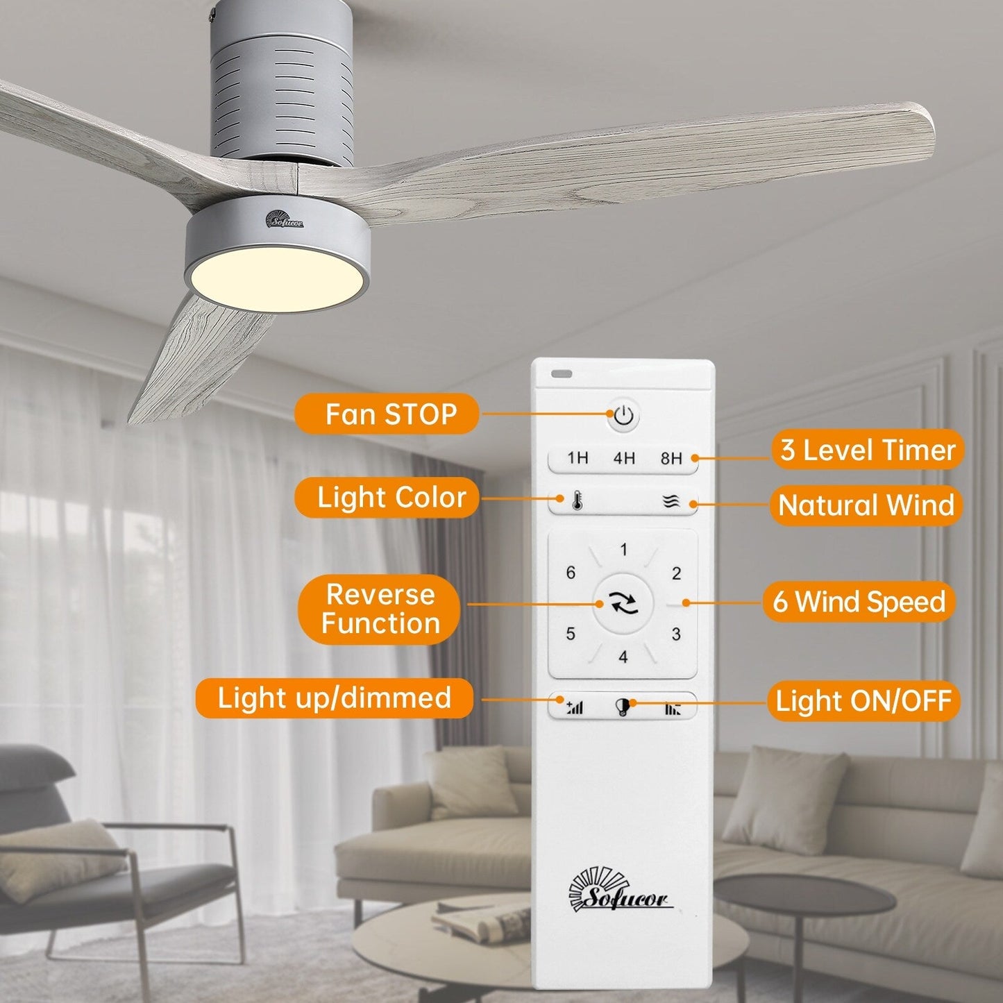 Ventilatore da soffitto a soffitto a scomparsa da 52 pollici in stile farmhouse con luce e telecomando, motore DC reversibile.