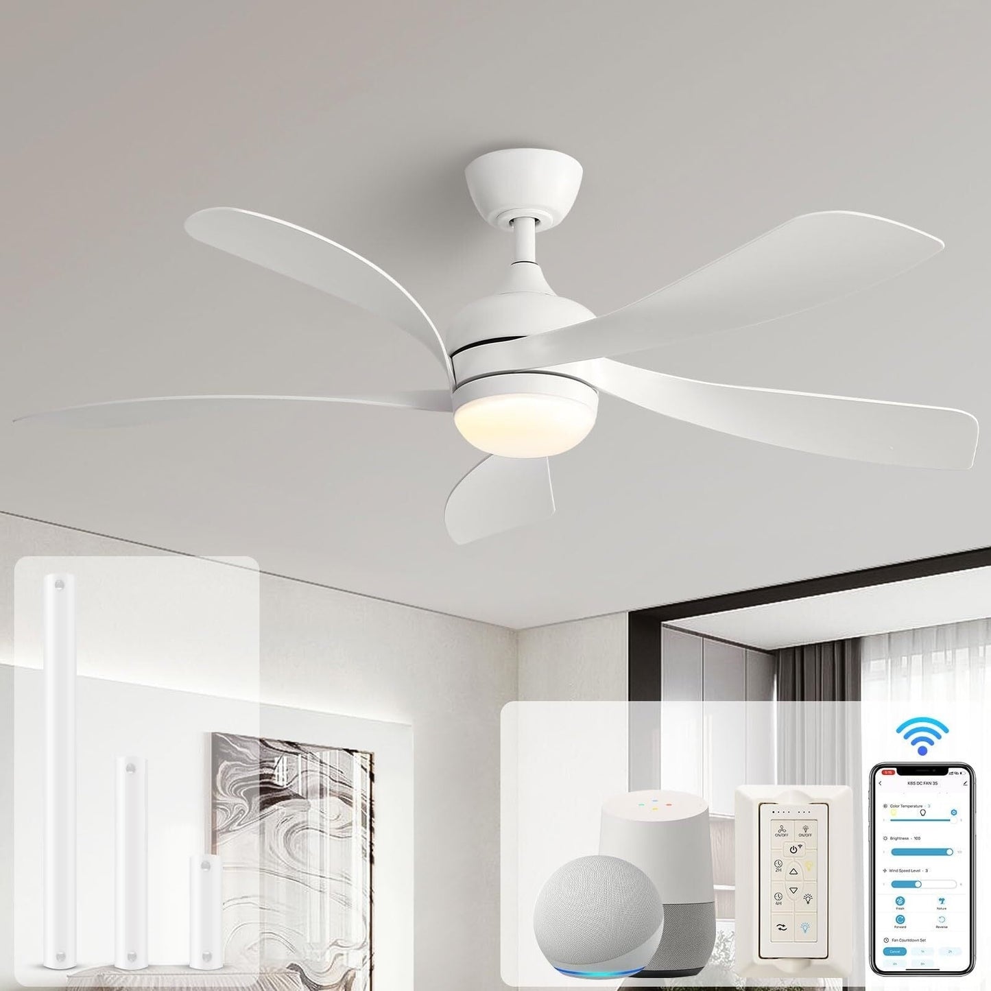 Ventilatore a soffitto da 52 pollici con telecomando e luci, motore DC silenzioso, 5 pale, elevato CFM, design moderno.