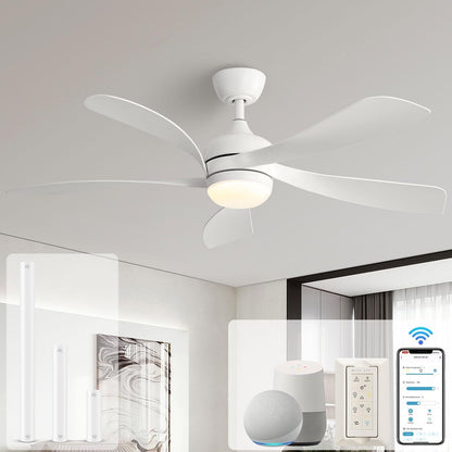 Ventilatore a soffitto da 52 pollici con telecomando e luci, motore DC silenzioso, 5 pale, elevato CFM, design moderno.