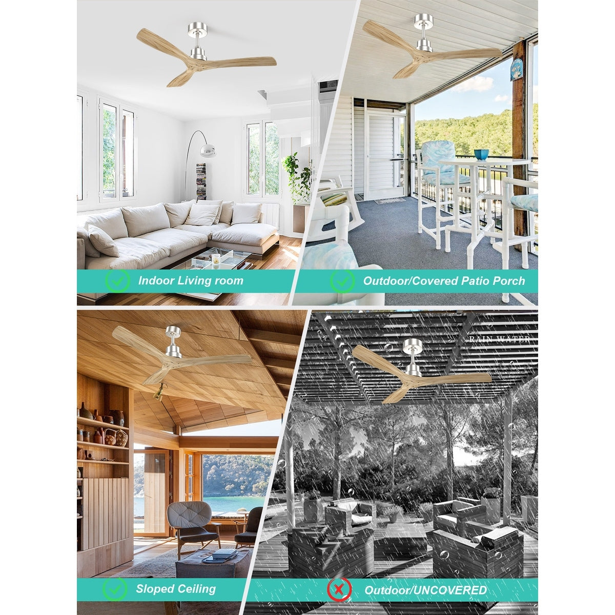 Sofucor Ventilatore da soffitto interno in legno da 52 pollici con luce e telecomando, luce integrata opzionale