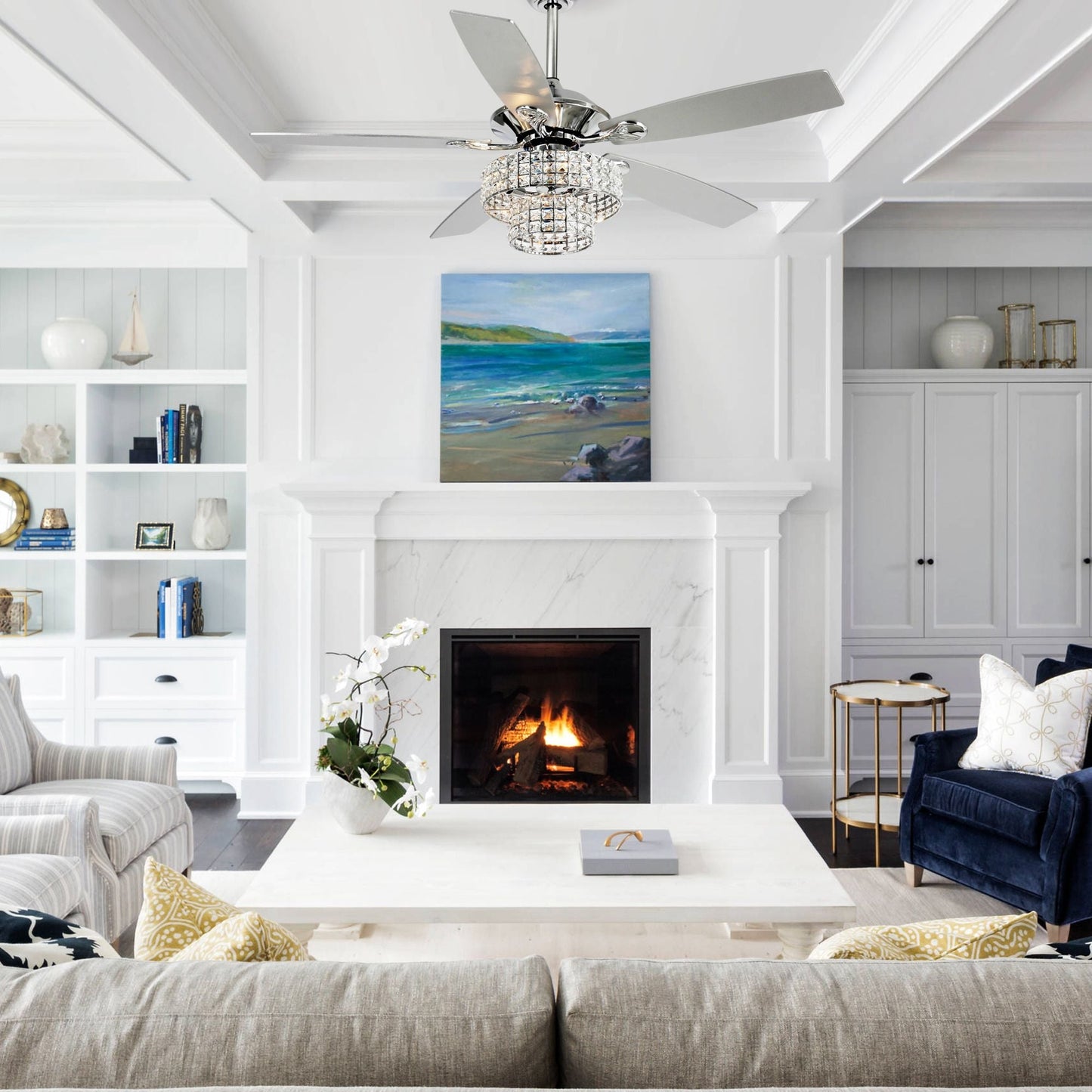 Ventilatore da soffitto moderno da 52 pollici con 5 pale in legno cromato e cristallo, con telecomando.