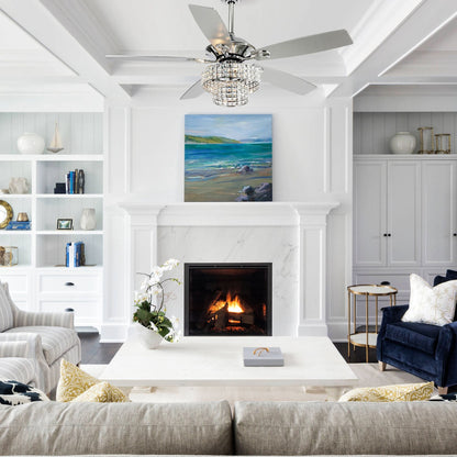 Ventilatore da soffitto moderno da 52 pollici con 5 pale in legno cromato e cristallo, con telecomando.