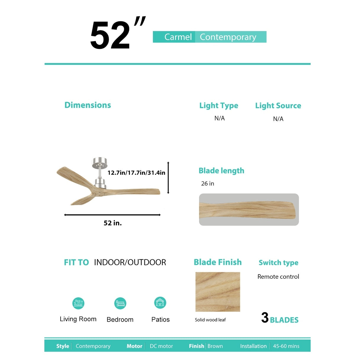 Ventilatore da soffitto moderno da 52 pollici in legno massello/ABS con telecomando (senza luce), 6 velocità, flusso d'aria reversibile.