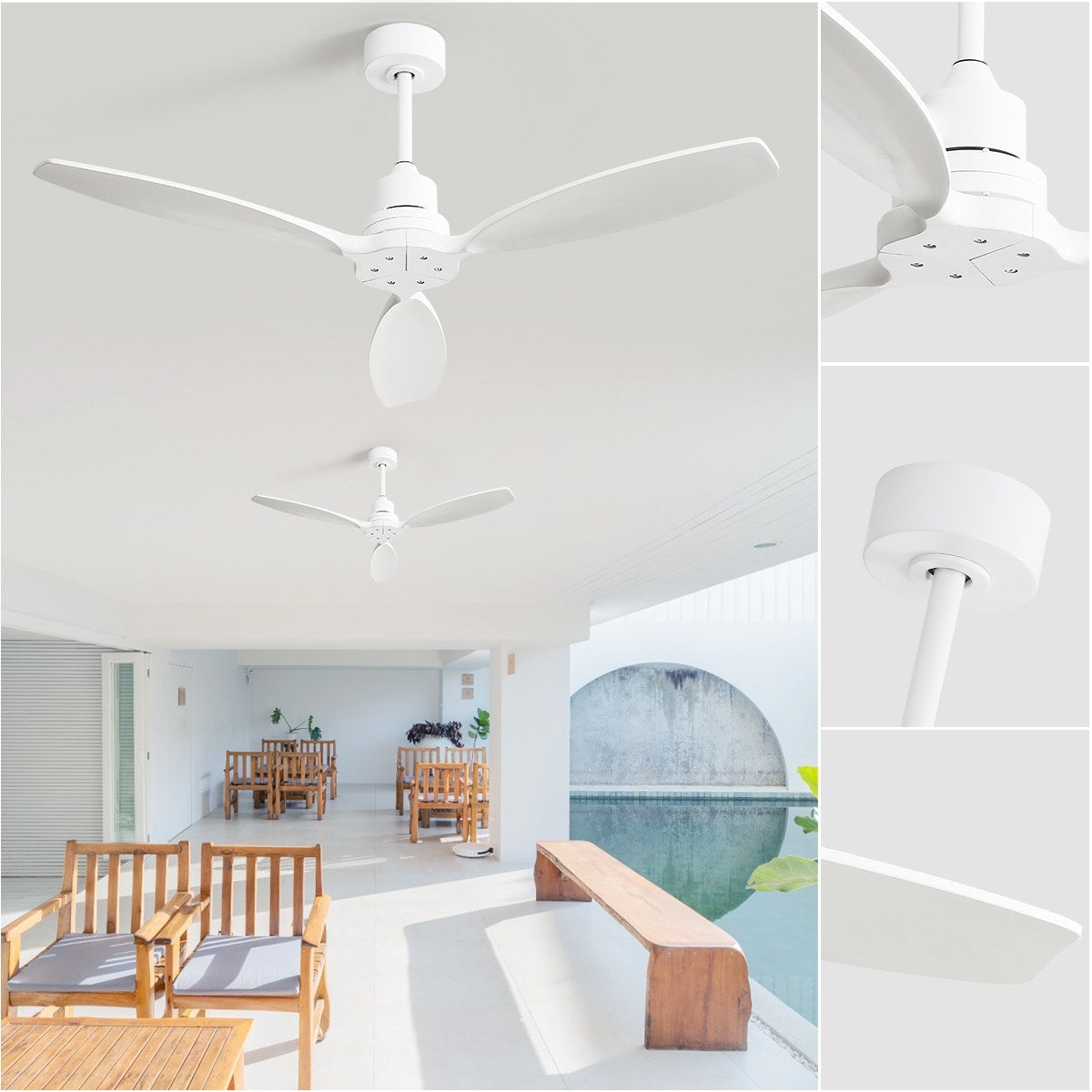Ventilatore da soffitto moderno da 52 pollici in legno massello/ABS con telecomando (senza luce), 6 velocità, flusso d'aria reversibile.